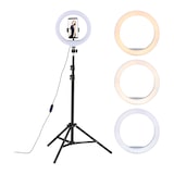 thumbnail of Relaxdays LED Ringlicht mit Stativ, 10" Ringleuchte dimmbar, Make-up, Fotografie & Videos, Lichtring Handy, weiß/schwarz