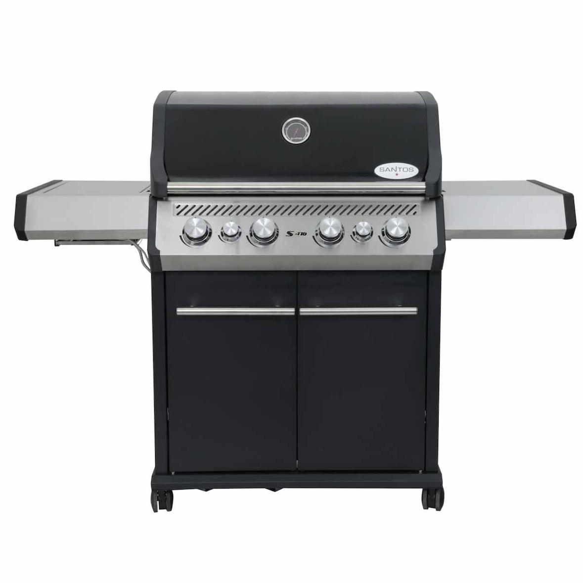 SANTOS Gasgrill S-418 mit 4 Hauptbrenner, Infrarotseitenbrenner & Heckbrenner | inkl. Drehspieß, Rostheber & Silikonablage | Schwarz