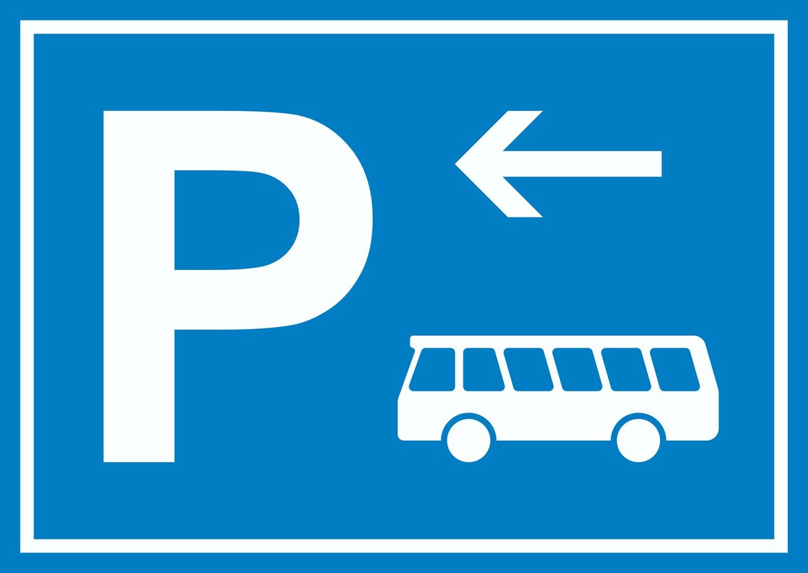 Bus Reisebus Parkplatz Schild mit Richtungspfeil links waagerecht A6 Rückseite selbstklebend