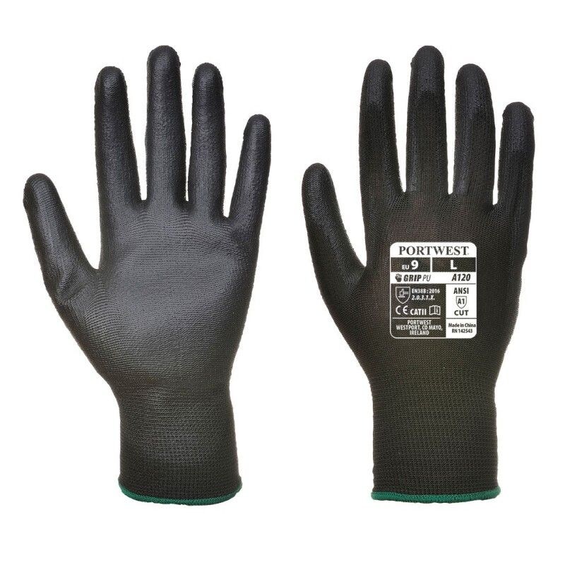 Portwest - Gants manutention Jauge 13 enduit PU lisse (Pack de 12) Noir Taille 10