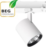 Ein weißer Schienenstrahler mit einem grünen Blatt-Symbol.