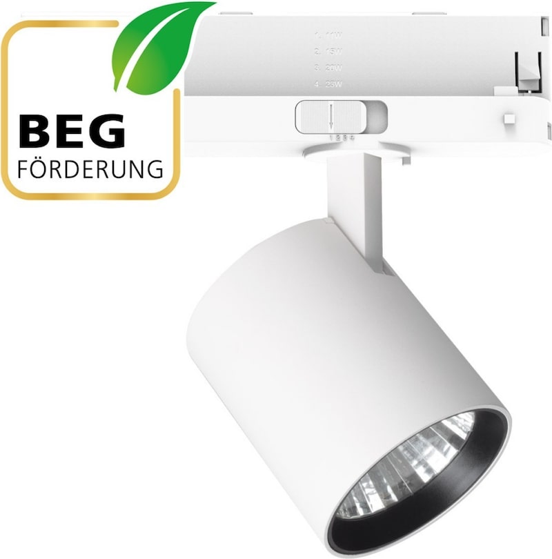 Ein weißer Schienenstrahler mit einem grünen Blatt-Symbol.