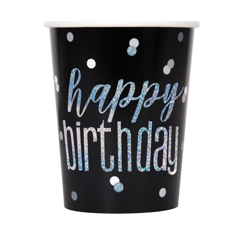 8 glitzer Becher schwarz & silber Happy Birthday