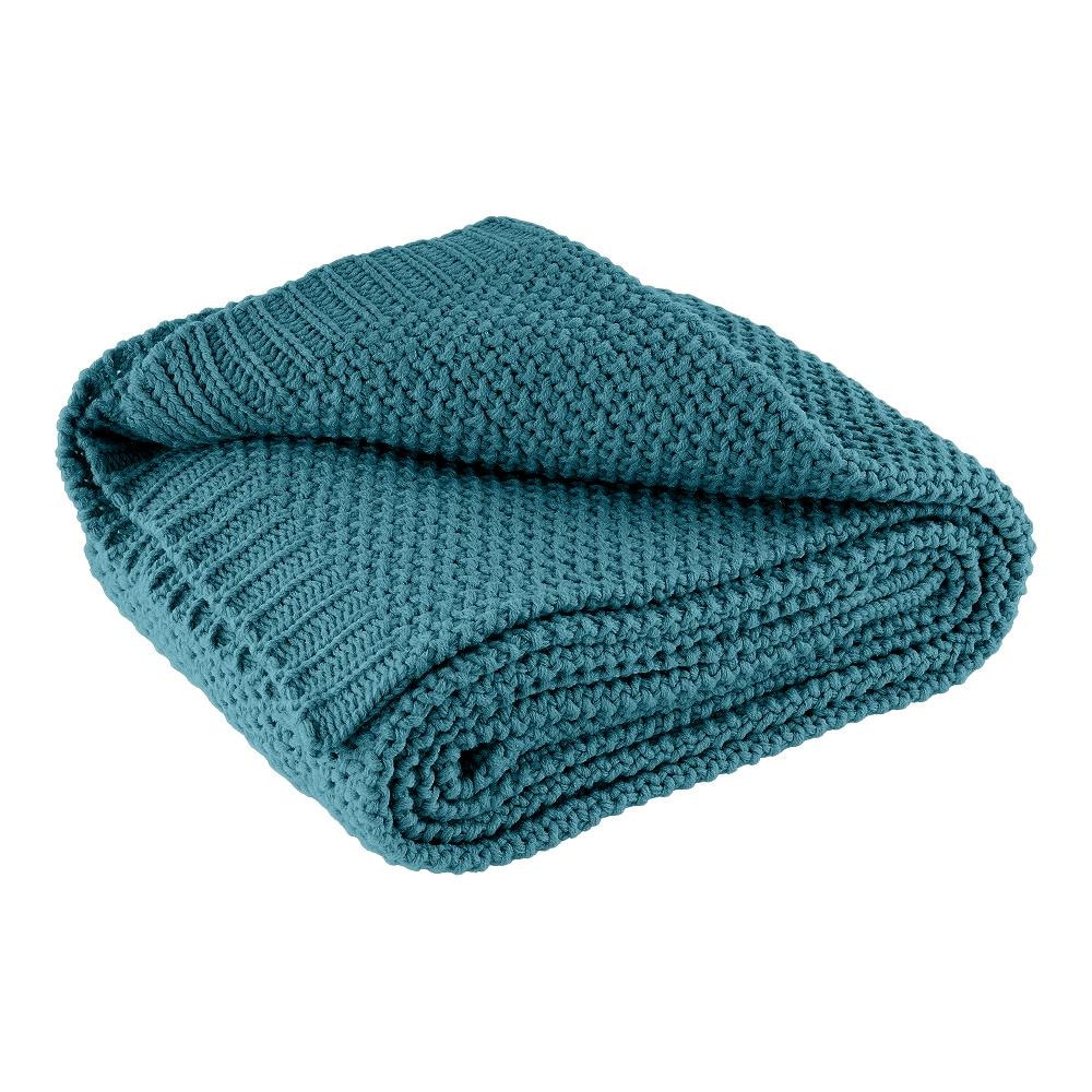 Kuscheldecke Strick OEKO-TEX 140x190 türkis petrol - warme weiche Strickdecke mit edlem und schlichten Strickmuster