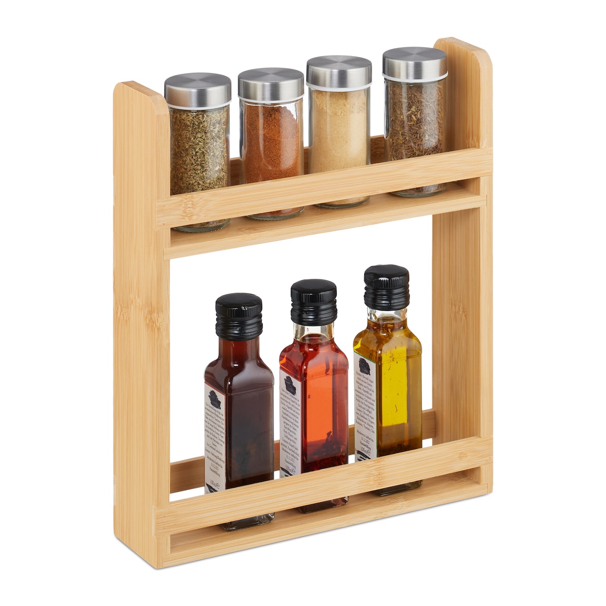 Relaxdays Gewürzregal, Bambus, HxBxT: 30,5 x 25,5 x 6,5 cm, 2 Etagen, Gewürzaufbewahrung stehend, Gewürzständer, natur