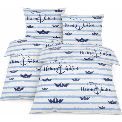 4-tlg. Seersucker Bettwäsche, 135x200 +80x80cm, bügelfrei, Maritim, Heimathafen, Schiffe in blau weiss