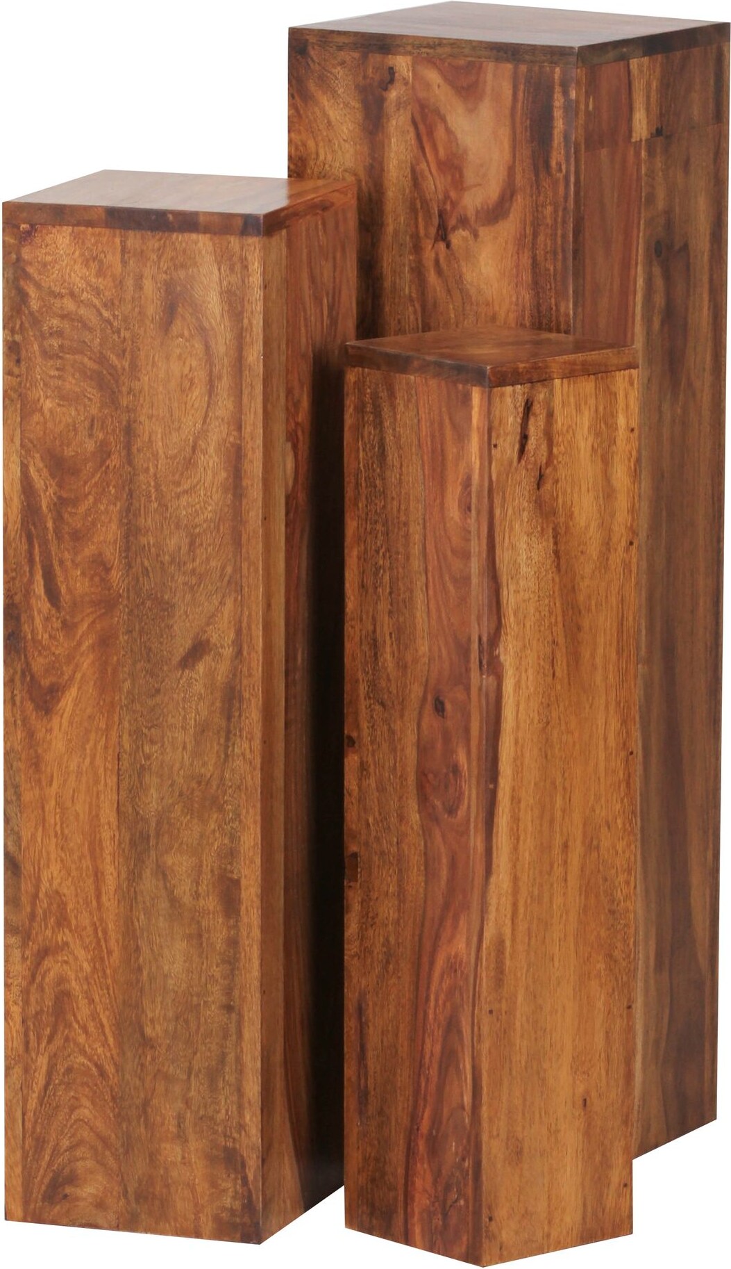 WOHNLING Sheesham Massivholz Blumentisch 3er Set Satztisch Säulentisch Dekosäule
