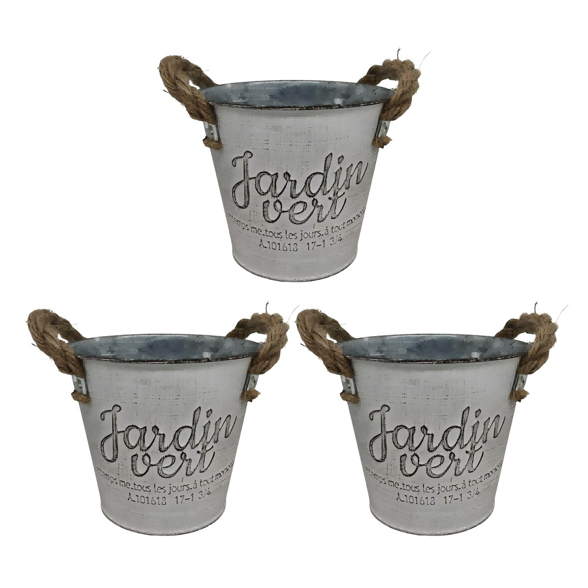 Relaxdays Blumentopf Set, 3 Übertöpfe "Grüner Garten", H x D: 12,5 x 14 cm, Kräutertopf mit Henkel, Eisen & Jute, silber