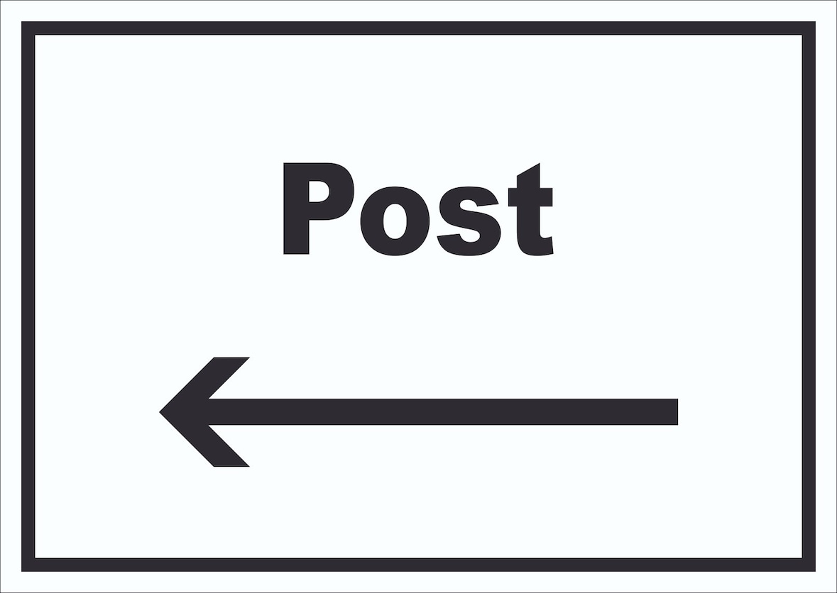 Post Schild mit Text und Richtungspfeil links Annahme Brief Paket waagerecht A0 Rückseite selbstklebend