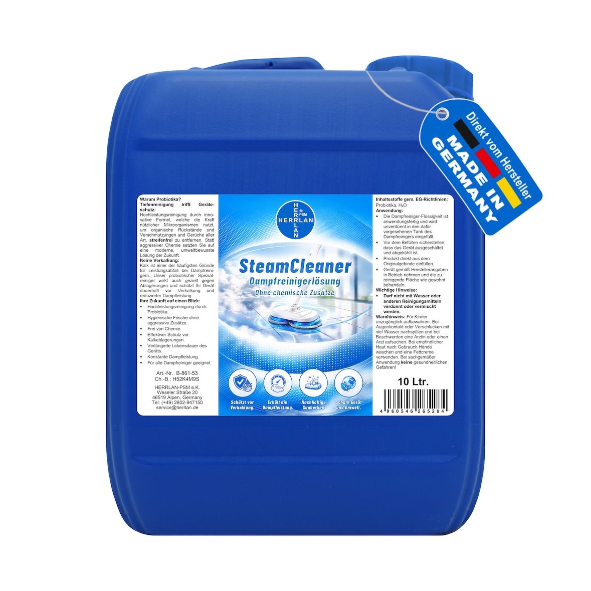 HERRLAN® SteamCleaner - 10 Liter HOCHLEISTUNGS Dampfreinigerlösung - CHEMIKALIENFREI - Probiotischer Reiniger für Dampfreiniger