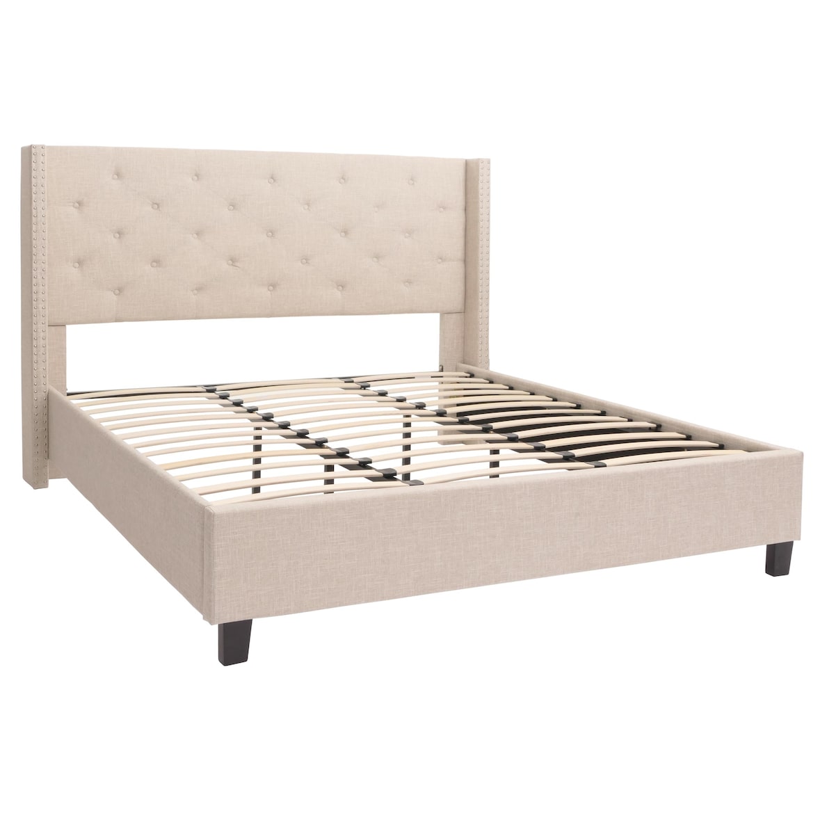 Polsterbett HWC-N59, Bett Doppelbett Bettgestell mit Lattenrost, Massivholz Stoff/Textil 180x200cm ~ creme-beige