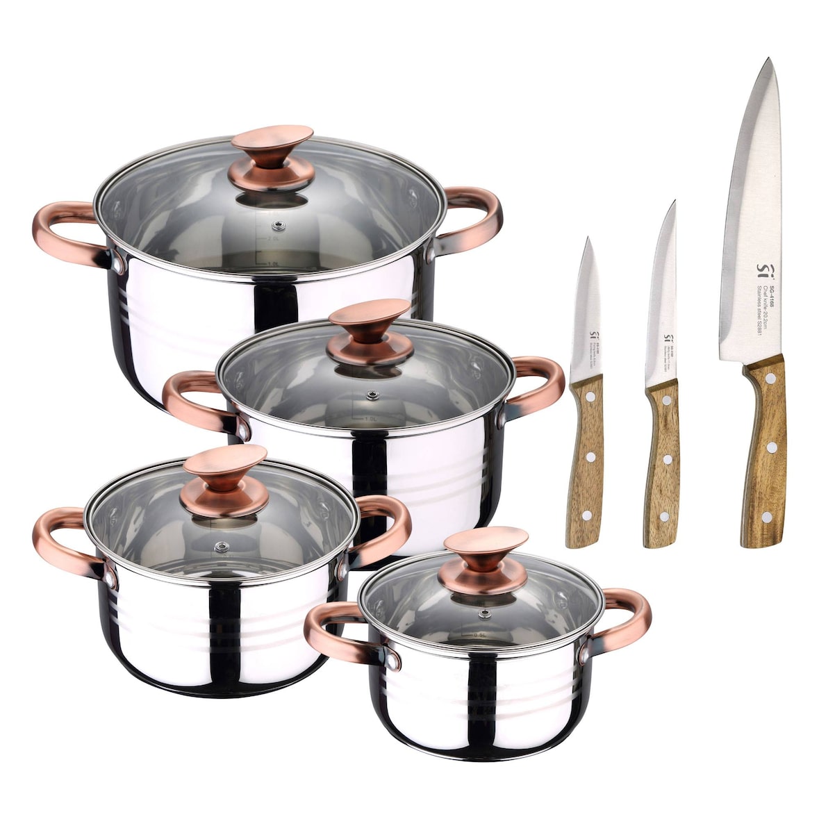 BERGNER - Batería de cocina NONA 8 pcs 16/18/20/24cm en acero inoxidable apta para inducción con Set de 3 Cuchillos de Acero Inoxidable