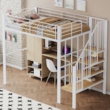 thumbnail of Hochbett 140x200 Metall mit Treppe und Stauraum, robust, platzsparend, modernes Design, Bettgestell Weiß für Schlafzimmer, stabiler Bettrahmen