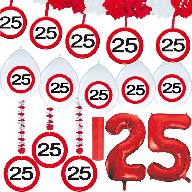 25. Geburtstag Verkehrsschild Party Deko Set rot weiß Mann Frau Partyset