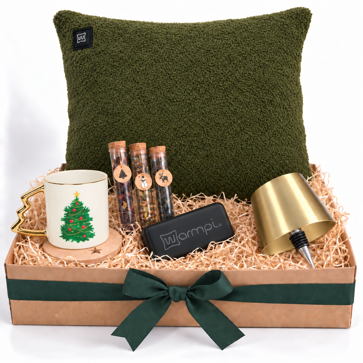 Warmpi Weihnachtsset Teddy-Heizkissen Grün 45 x 45 cm, Powerbank 10.000 mAh, Canté-Flaschenlampe Gold und Tee