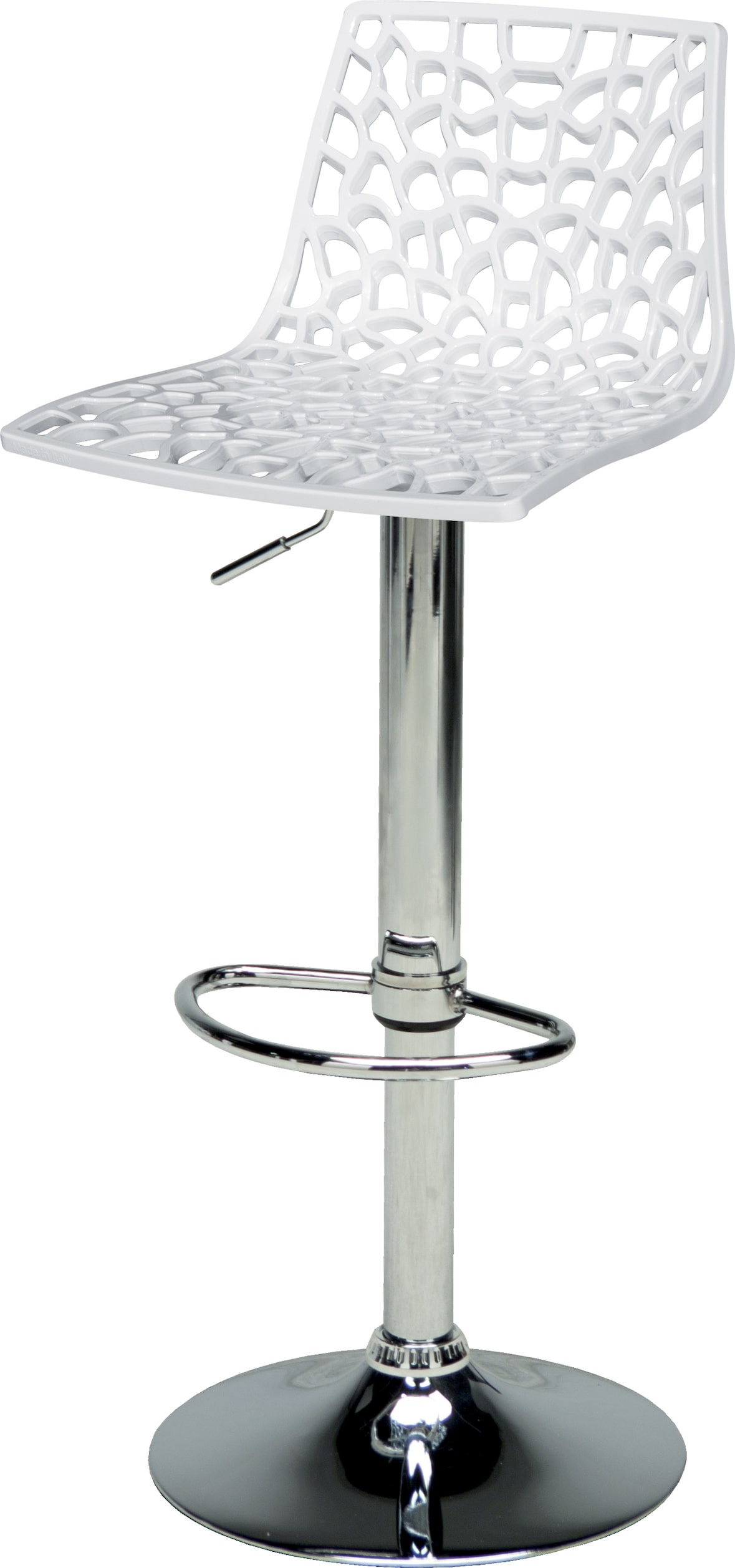 Sgabello SPIDER con la seduta in polipropilene bianco con base cromata girevole, regolabile con poggiapiedi. 45x45x82/102