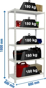 thumbnail of SimonRack Estantería Metálica, 1800x800x400 mm, 5 Alturas, Bandeja Metal, 180 kg de Punto Flexión, Blanco - Simonclick