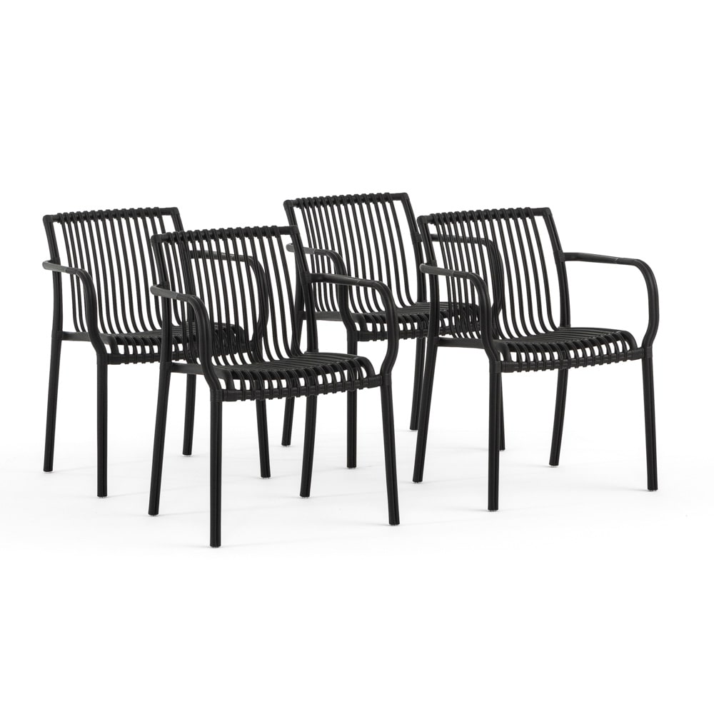 Set van 4 tuinstoelen met armleuningen, van polypropyleen, antislipvoetjes, stabiel, stapelbaar, voor tuin, bar, restaurant – Olimpia/Zwart