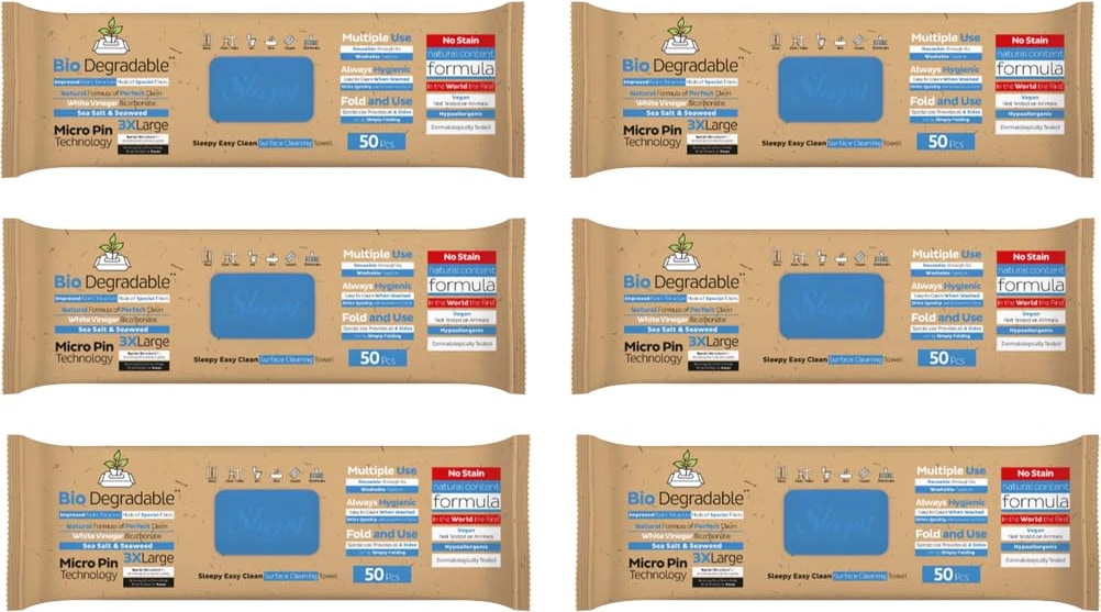 Sleepy Easy Clean Bio Oberflächen und Boden Reinigungstücher 2 in 1 (Blau) mit Meersalz & Meeresalgen - 6 Packung x 50 Tücher
