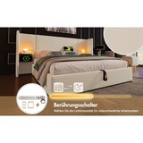 thumbnail of Polsterbett 160x200 Beige mit Holzregal Kopfteil, LED-Leselampe, USB-C, hydraulischer Stauraum, Metallrahmen und Massivholzlatten