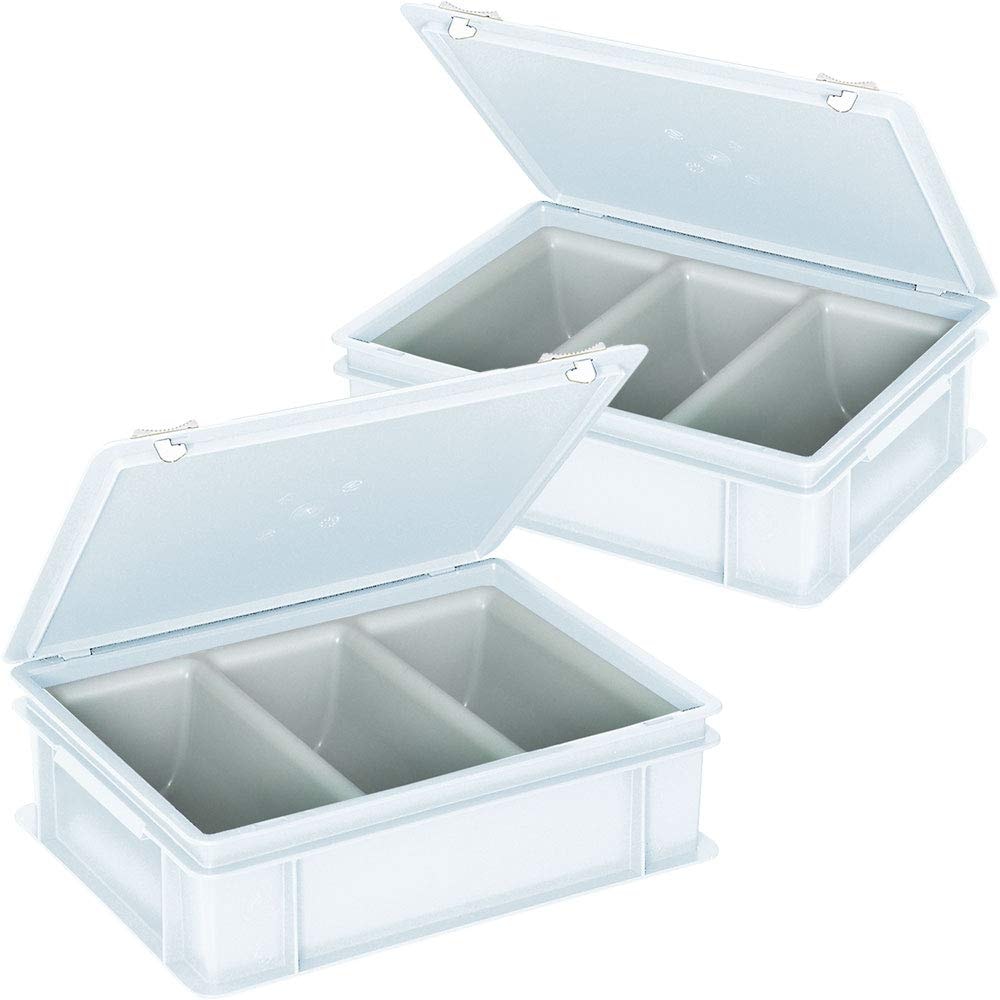 2x Euro-Besteckkoffer, mit 3-Mulden-Einsatz, LxBxH 400 x 300 x 130 mm, Inhalt je Mulde ca. 2 Liter, weiß