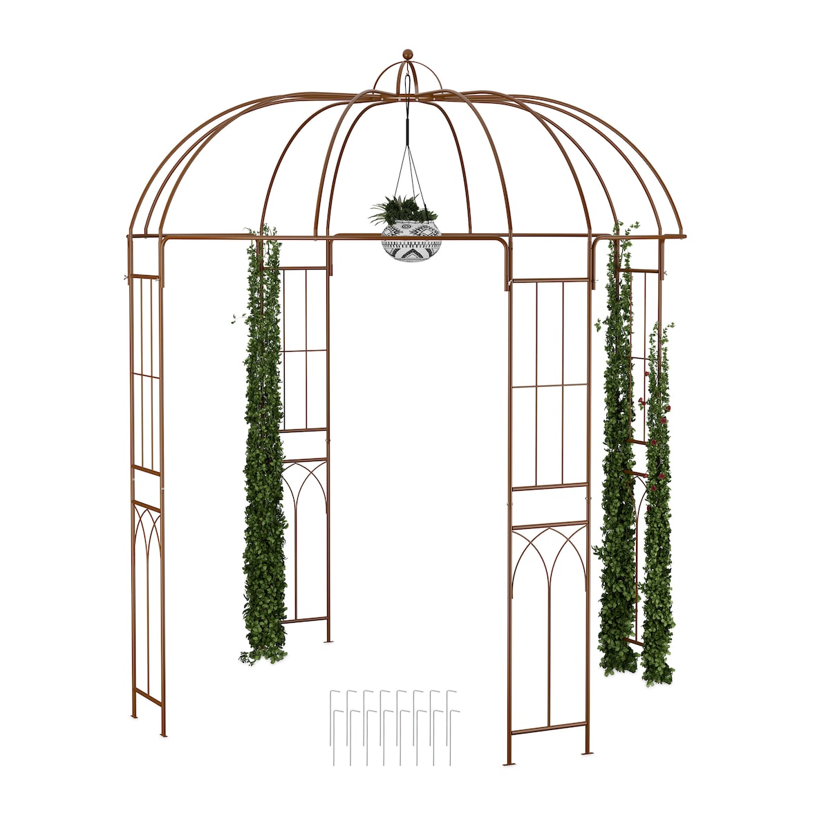 Relaxdays Rosenpavillon Metall, HBT 269 x 211 x 211 cm, Rankhilfe Kletterpflanzen, Garten, Rankpavillon mit Haken, braun