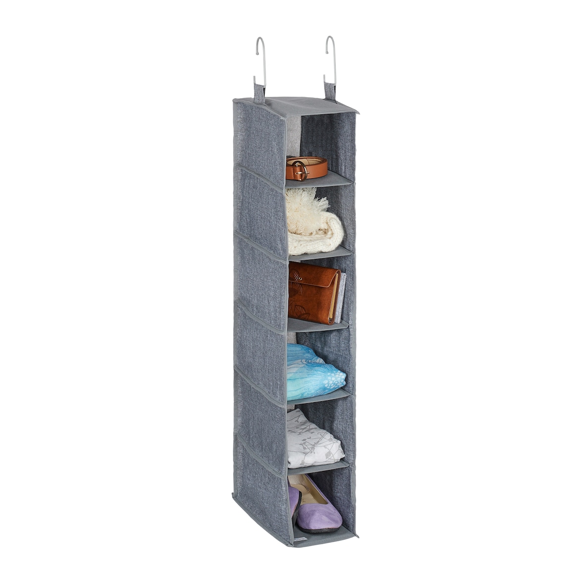 Relaxdays Kleiderschrank Hängeregal, 6 Fächer, Stoff, HBT: 92 x 15,5 x 30 cm, 2 Haken, Schrankaufbewahrung hängend, grau