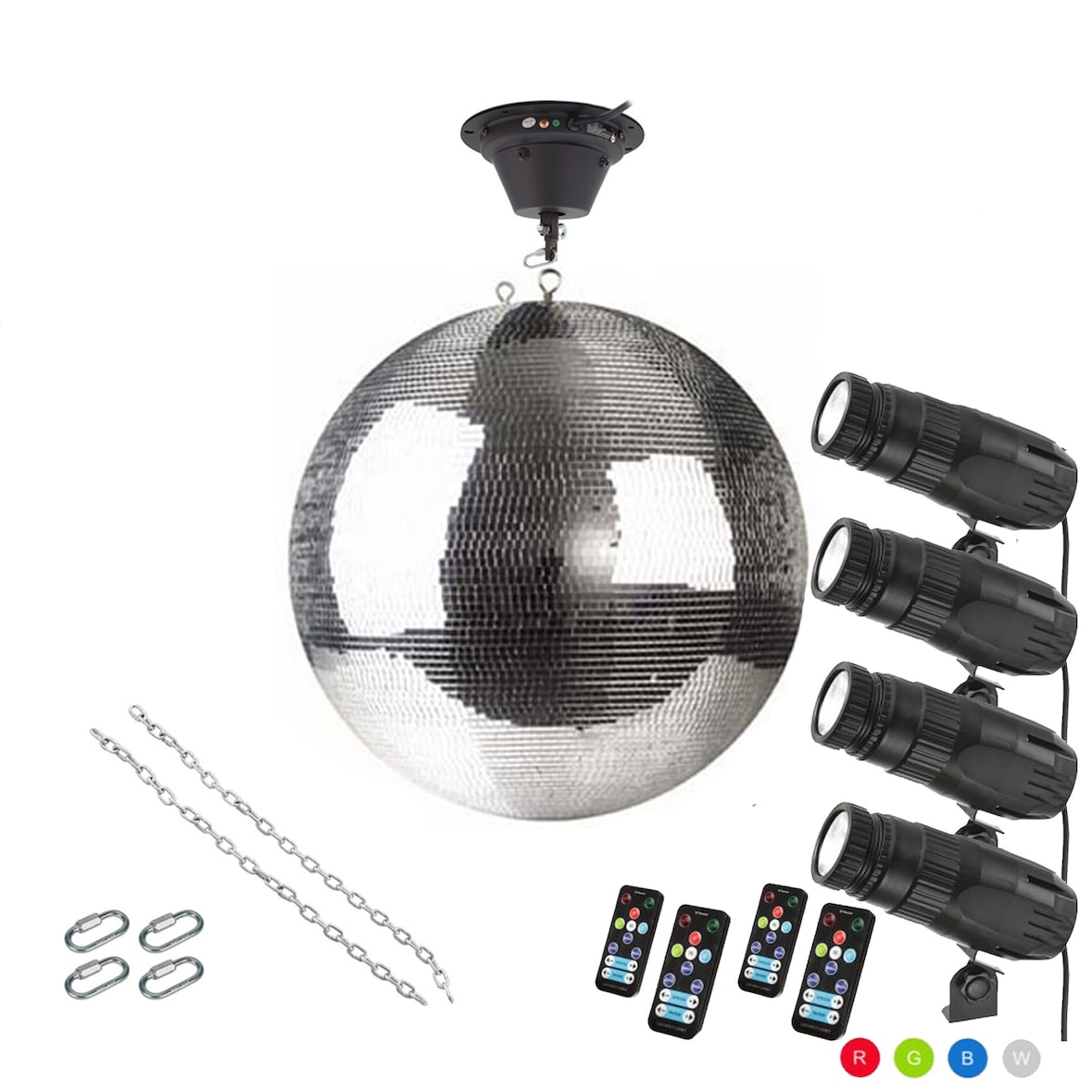 Spiegelkugel Komplettset 50cm mit Motor, 4 x 9W LED Pinspot (RGB)PREMIUM