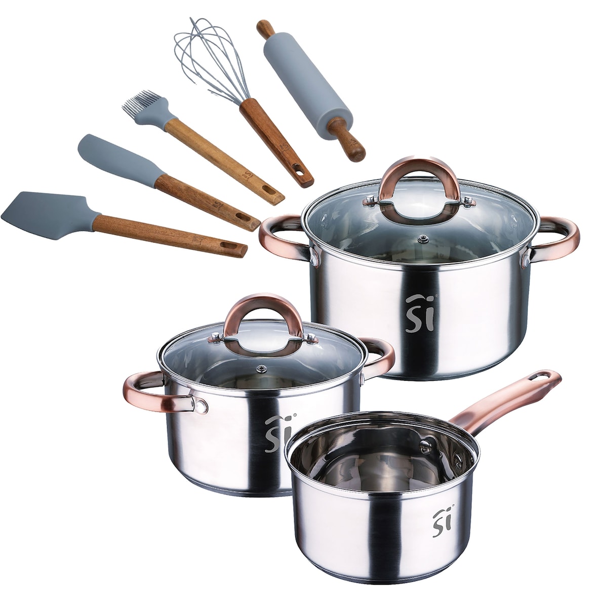 BERGNER - 5-teiliges Kochgeschirr-Set Ø16/18/20cm aus Edelstahl, geeignet für Induktionsherde, mit 5 Küchenutensilien aus Silikon und Akazienholz