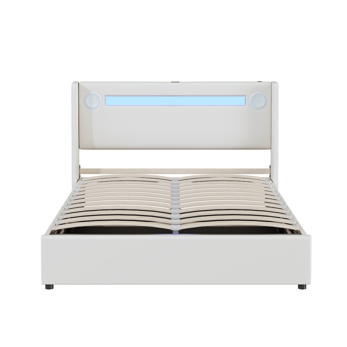 Merax Polsterbett 140x200 Bett mit LED-Lichtleiste, Bluetooth-Player und USB-Aufladung, Stauraumbett aus PU-Leder, Doppelbett Weiß