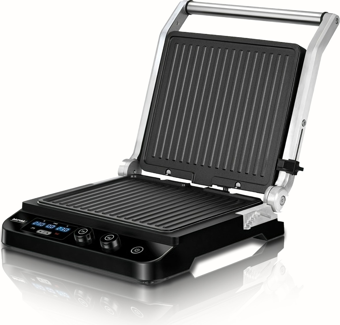 MPM MGR-11M Plancha Grill de Asar Doble, Contact Grill, Altura Adaptable, Abertura 180º, Placas Antiadherentes Extraíbles,Reguladores 60 a 230°C,2000W