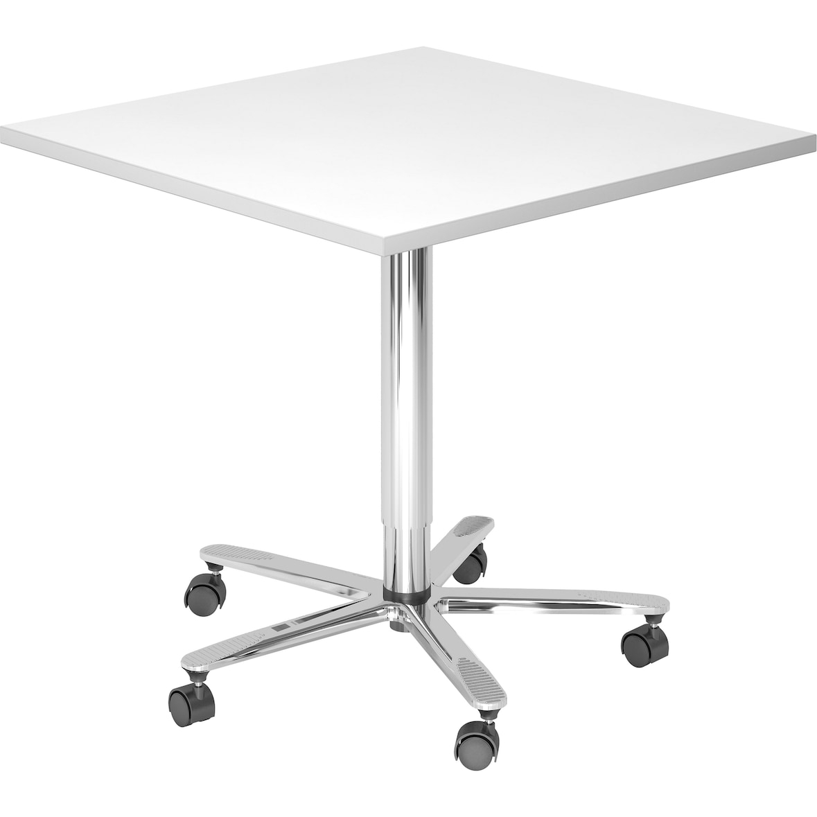 bümö Säulenhubtisch höhenverstellbar, Stehtisch Büro, Bistrotisch eckig 80 x 80 cm - Besprechungstisch weiß, Stehtisch Holz-Platte, Säule aus Metall