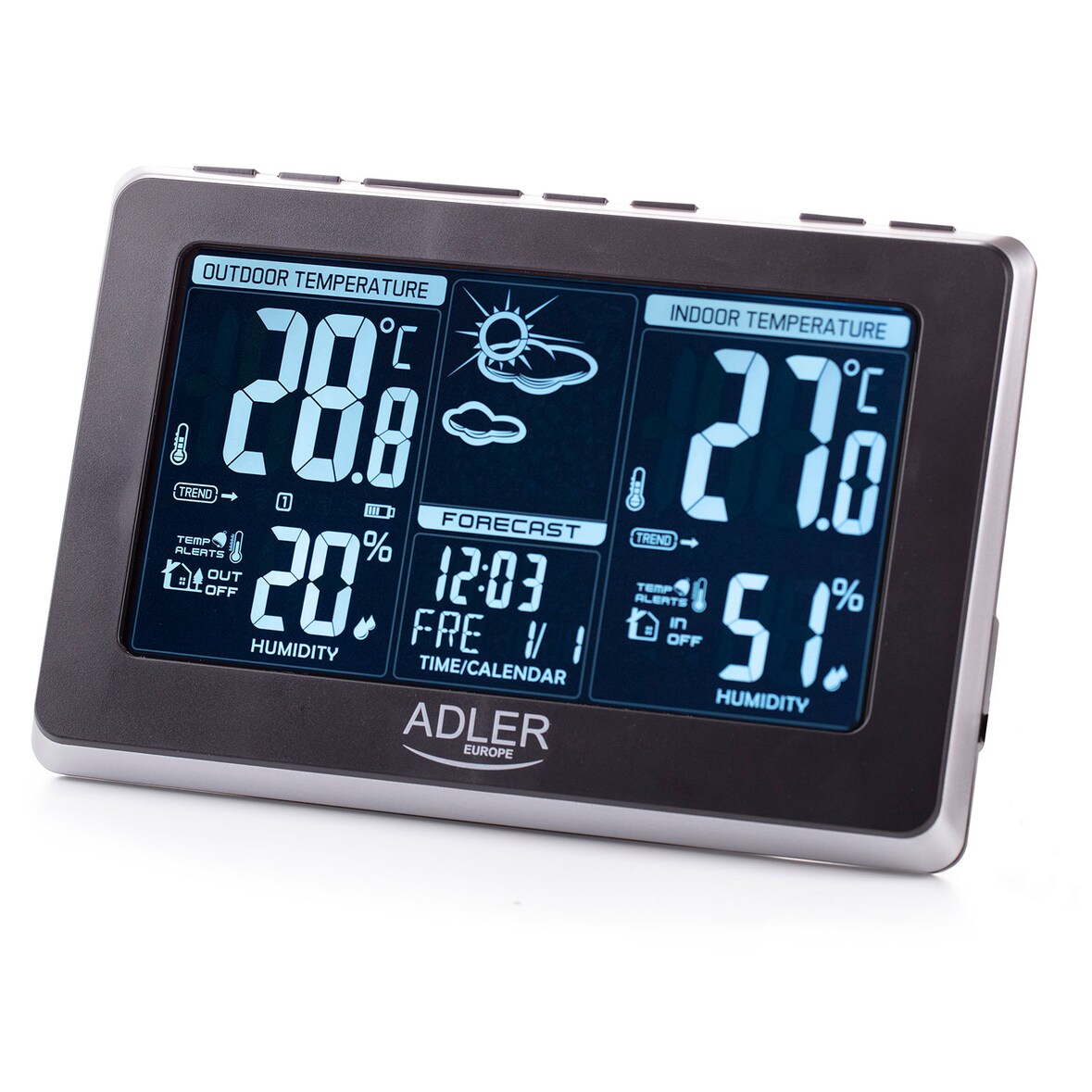 ADLER AD 1175 Estación Meteorológica Temperatura y Humedad Interior y Exterior, Sensor Inalámbrico, Pronóstico de Tiempo, Indicador Fecha Hora, Alarma