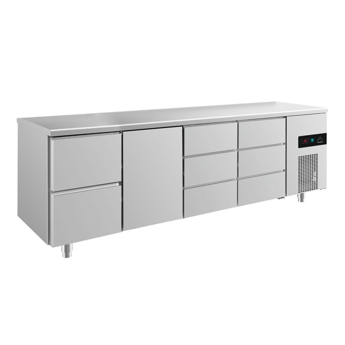 Gastro Kühltisch 1 Tür Mitte 8 Schubladen Umluftkühlung 2330x700x850mm -2/+8°C 632l ISO 50mm