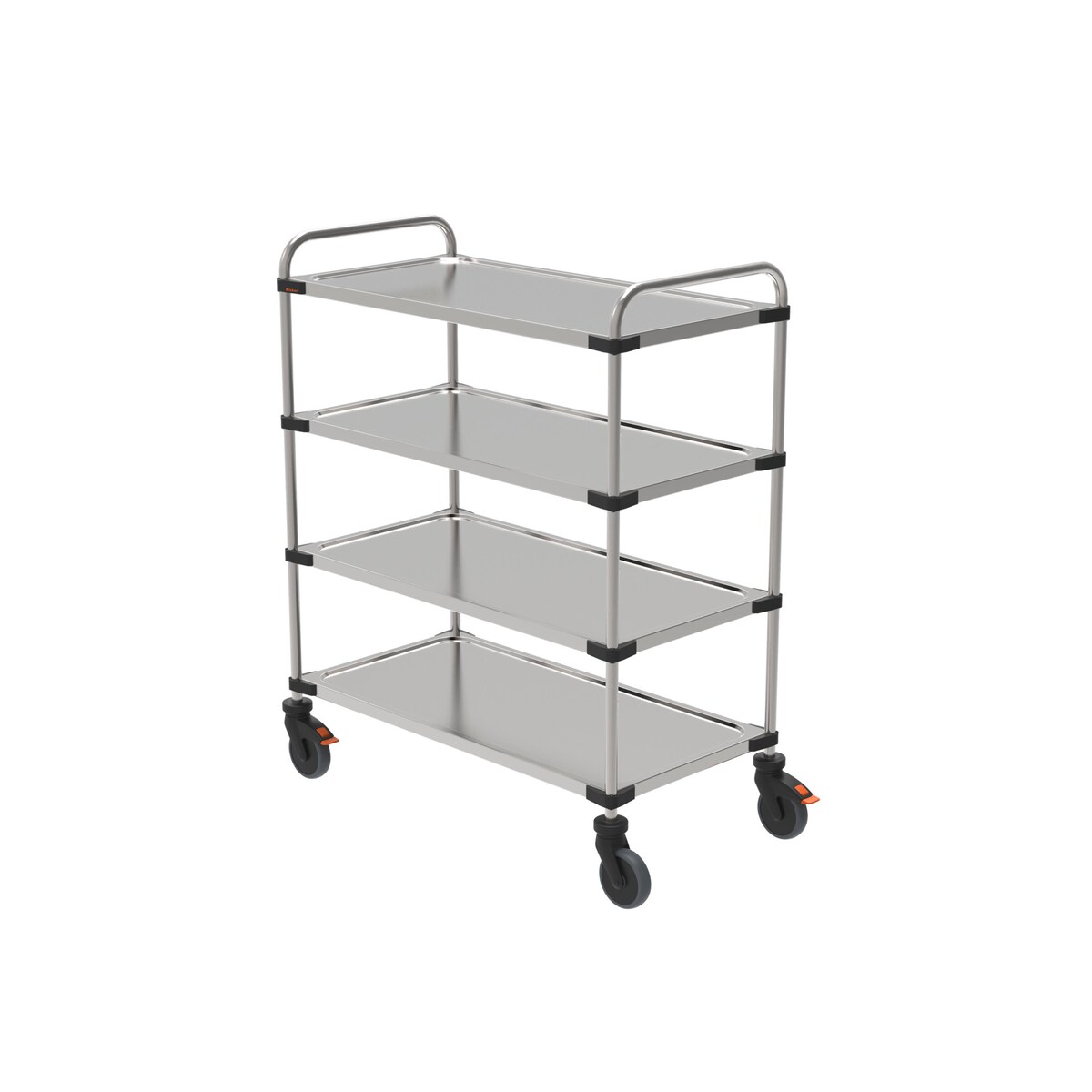 Rieber Servierwagen aus Edelstahl, leichte Ausführung, Rundrohr-Schiebebügel, 4 Borde, Bordgröße 1000 x 500 mm, montiert
