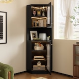 thumbnail of Badschrank Eckschrank Schwarz 167x45x45 cm mit integrierter Lichtleiste Glastür offenen Fächern verstellbaren Einlegeböden Kippschutz MDF