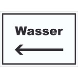thumbnail of Wasser Schild mit Text und Richtungspfeil links Anschluss waagerecht A3 Rückseite selbstklebend