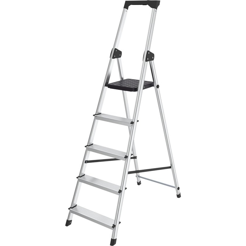 BRASQ Huishoudtrap 5-treden Zilver - keukentrap inklapbaar aluminium voor Particulier en professioneel gebruik - Trap Ladder - Anti slip