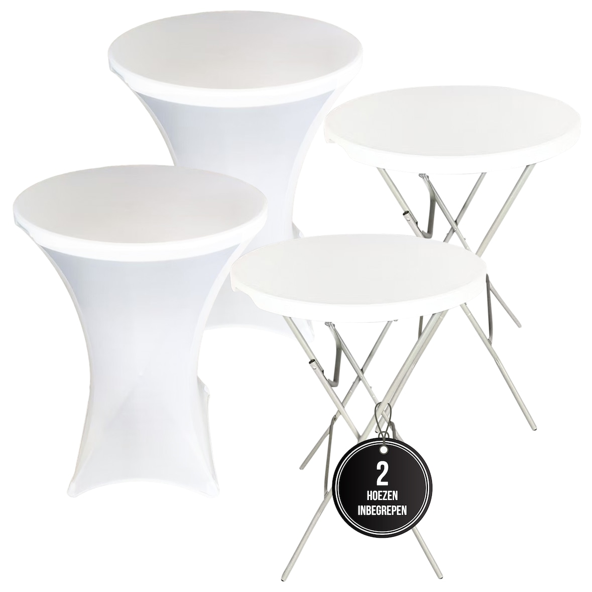 IvoQ Set van 2 Statafels Wit – Inclusief 2 Witte Stretchhoezen – Ø80 x 110 cm – Opvouwbaar – Partytafels voor Feest, Tuin & Event