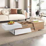 thumbnail of Merax Ausziehbarer Couchtisch, Wohnzimmertisch mit Schubladen, Beistelltisch mit Farbblockstruktur, Weiß und Holzfarbe