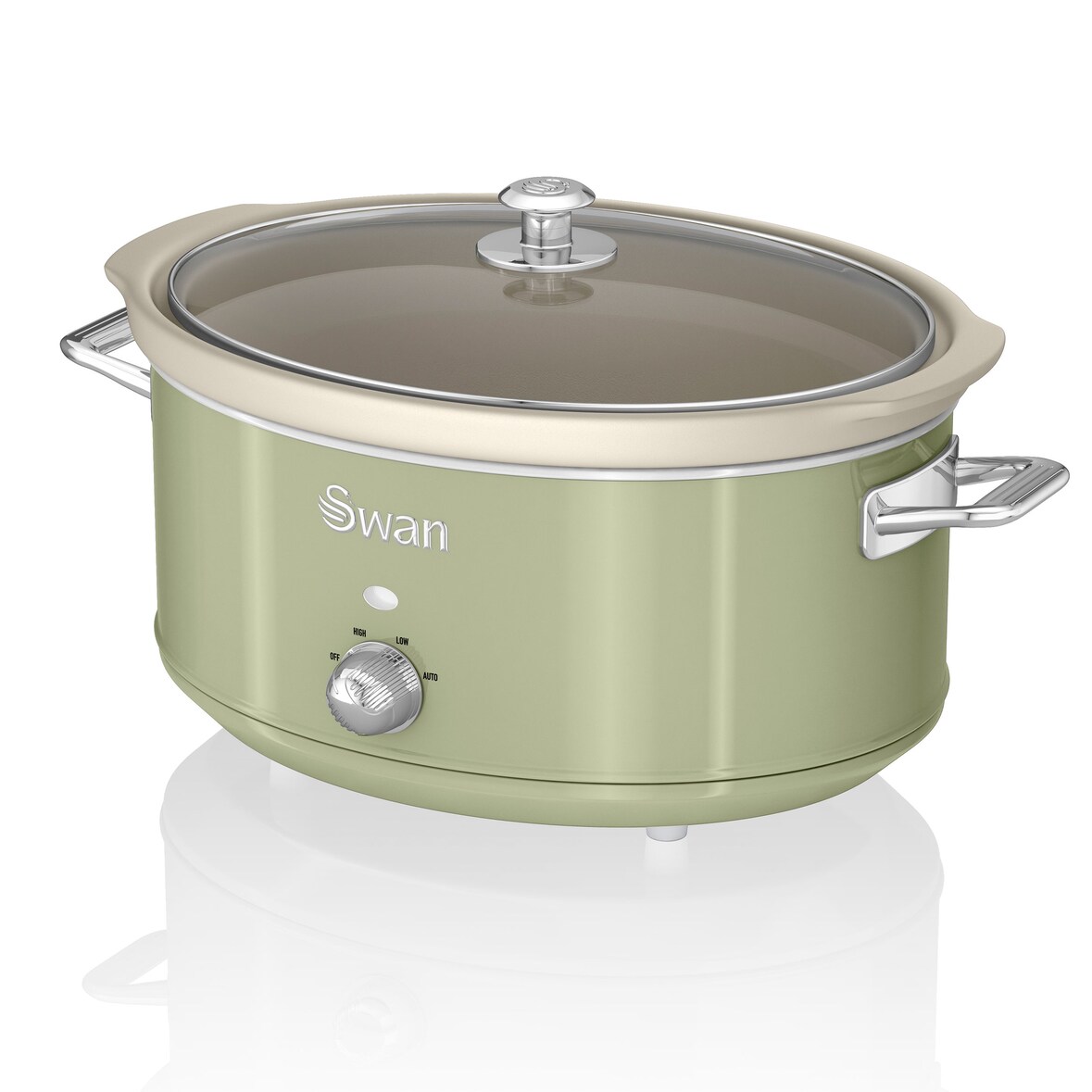 Swan Retro SF17031GN Olla Cocción Lenta 6,5L Recipiente Extraíble, Antiadherente Cerámica libre PFOA y PTFE, 3 Temperatura, Tapa Vidrio, Verde, 320W