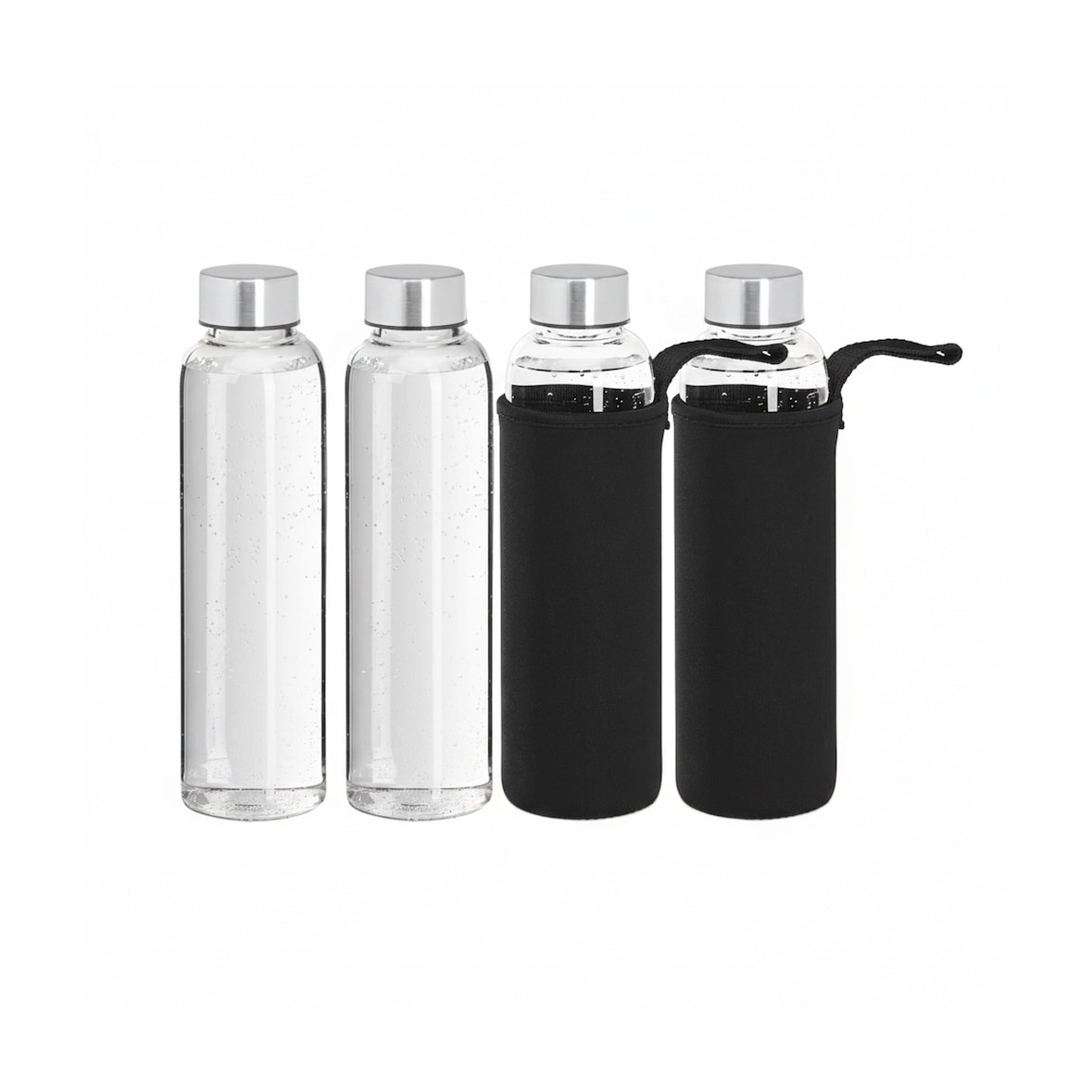 Relaxdays Trinkflasche, 4er Set, 500 ml, auslaufsicher, Glasflasche mit Hülle, HxD: ca. 23,5x6,5 cm, transparent/schwarz