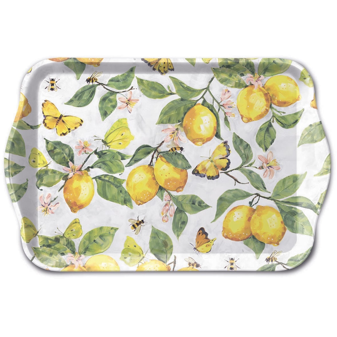 Tablett Melamin 21x13cm  - kleines Serviertablett Frühstückstablett Tischdeko Zitronen Schmetterling Frühling Sommer Dekotablett Weiß Geld