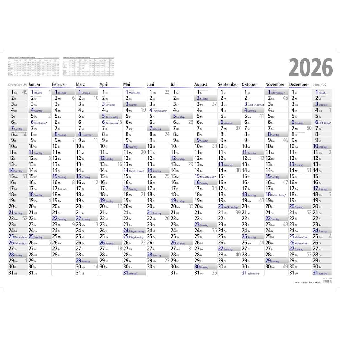 2026 ADINA Plakatkalender Wandkalender A1 84x60cm Lieferung: gefaltet