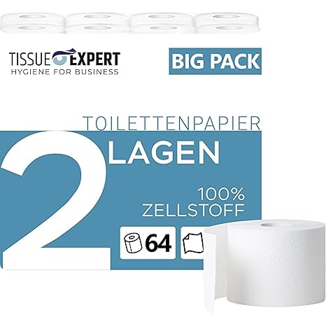 Toilettenpapier, 2-lagig, 64 Rollen x 250 Blatt, 100% Zellstoff, superweiches Klopapier, Großpackung für Gewerbe, Verpackung aus 60% PCR-Anteil