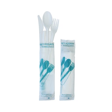 Ecostoviglie - Tris Forchetta+Coltello+Cucchiaio in CPLA+Salvietta 500 pezzi