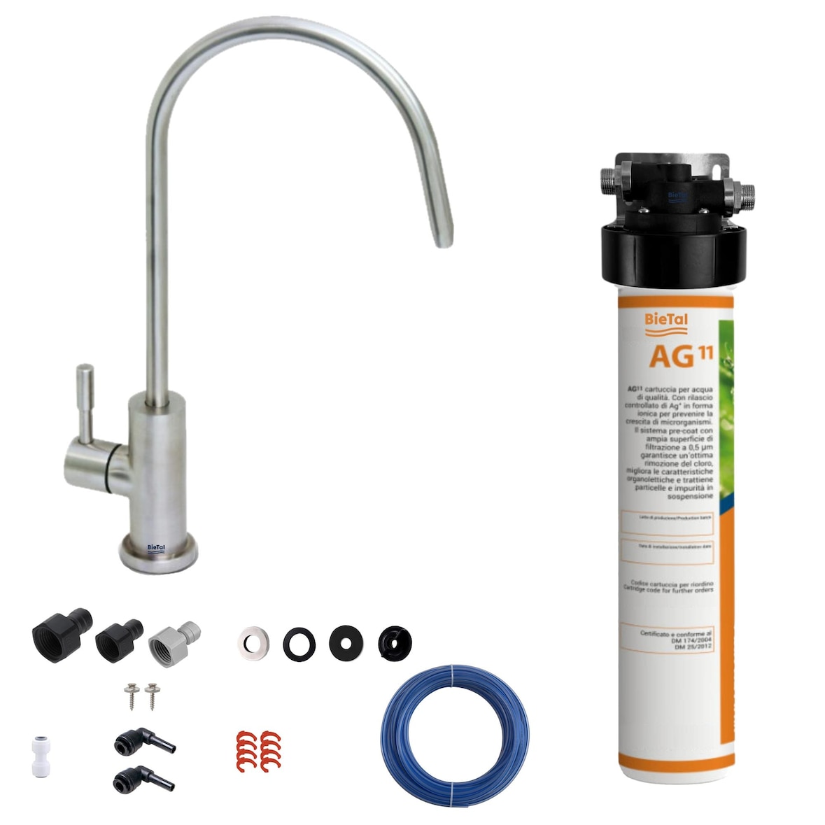 BieTal® Untertisch Wasserfilter Aktivkohle Set mit 1-Wege Hahn Edelstahl matt