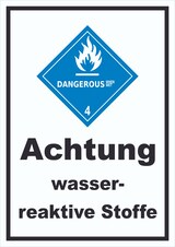 thumbnail of Schild wasserreaktive Stoffe Dangerous when wet hochkant A6 Rückseite selbstklebend