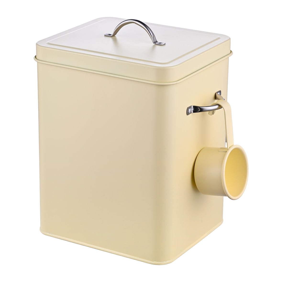 Relaxdays Waschmittelbox 6L, Metall, Waschpulverdose mit Dosierlöffel, Retro-Design, Tierfutterbehälter Deckel, beige