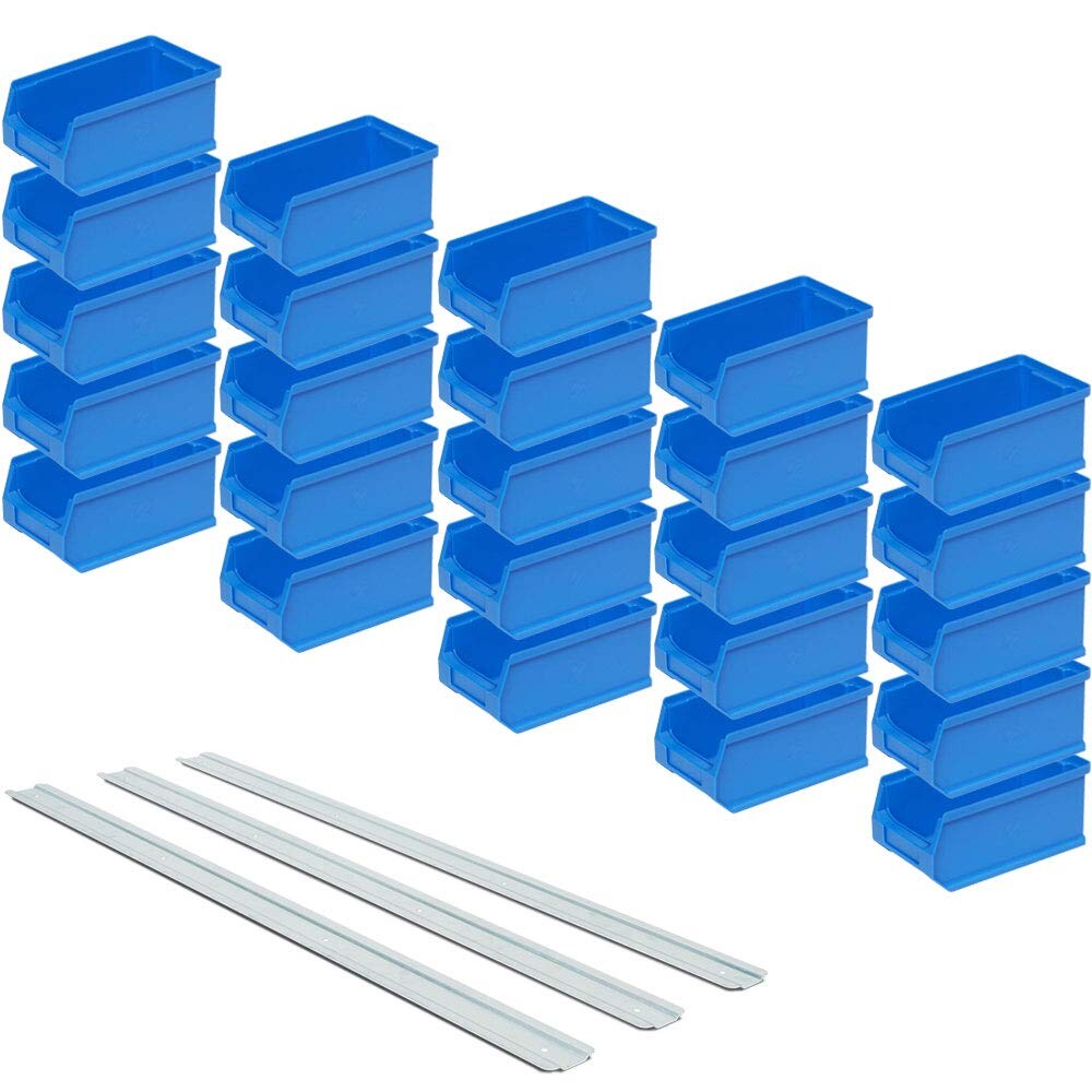 BRB Set - 25x Sichtstapelkästen Profi LB5, blau, Inhalt 0,85 Liter, LxBxH 175 x 100 x 75 mm inkl. 3 verz. Wand-Aufhängeschienen